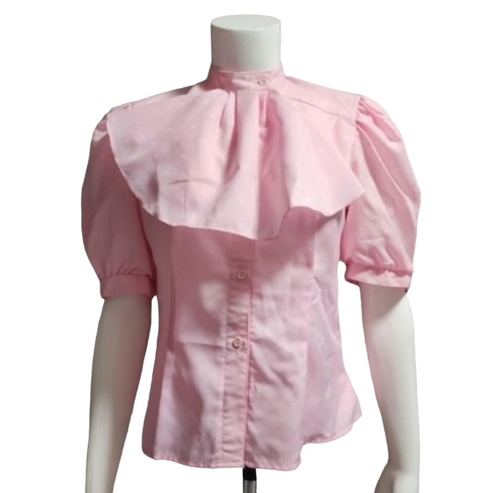 VINTAGE Y2K Bubblegum Pink Puffy Sleeve Blouse S Ruffle Punk Barbiecore Top - Picture 3 of 16